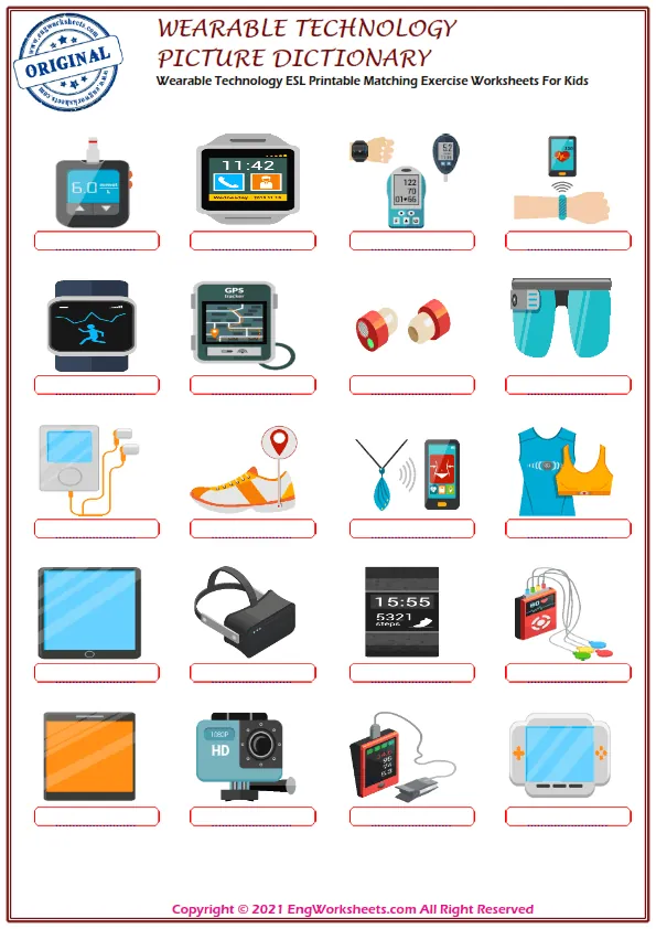 Wearable Technology ESL Printable Matching Exercise Worksheets For Kids