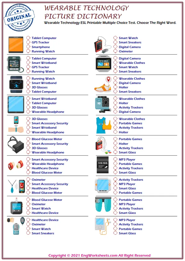 Wearable Technology ESL Printable Multiple Choice Test. Choose The Right Word. Worksheet Preview
