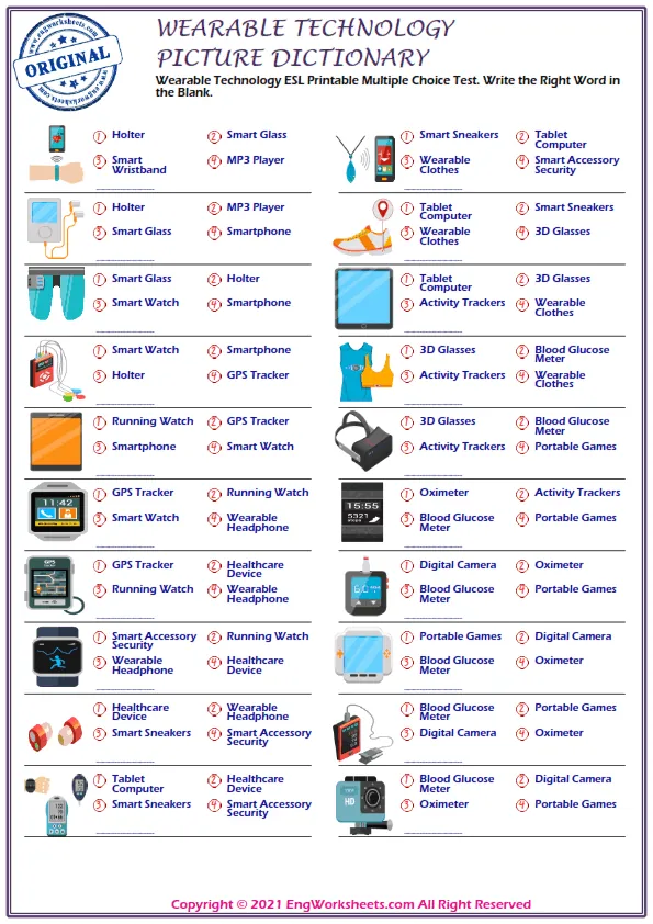Wearable Technology ESL Printable Multiple Choice Test. Write the Right Word in the Blank. Worksheet Preview