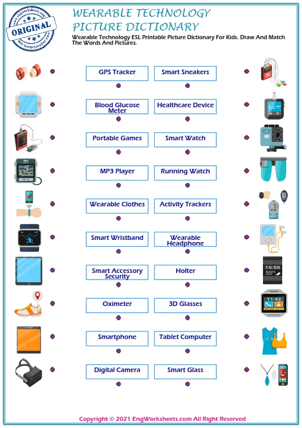Wearable Technology ESL Printable Picture Dictionary For Kids. Draw And Match The Words And Pictures. Worksheet Preview