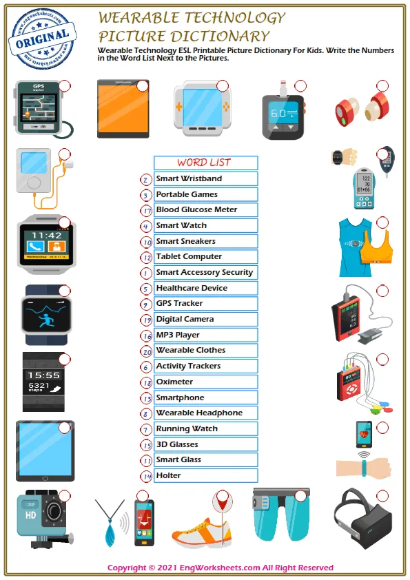 Wearable Technology ESL Printable Picture Dictionary For Kids. Write the Numbers in the Word List Next to the Pictures. Worksheet Preview