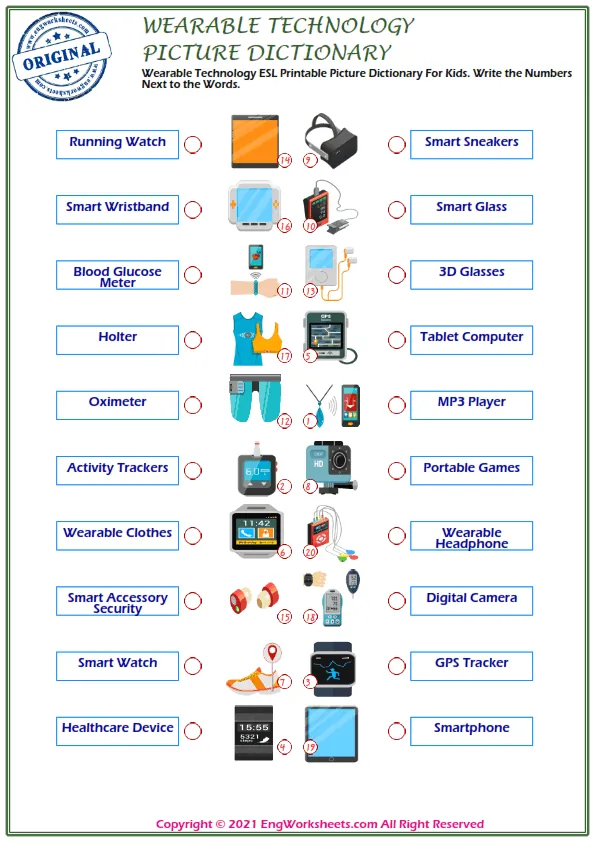 Wearable Technology ESL Printable Picture Dictionary For Kids. Write the Numbers Next to the Words. Worksheet Preview