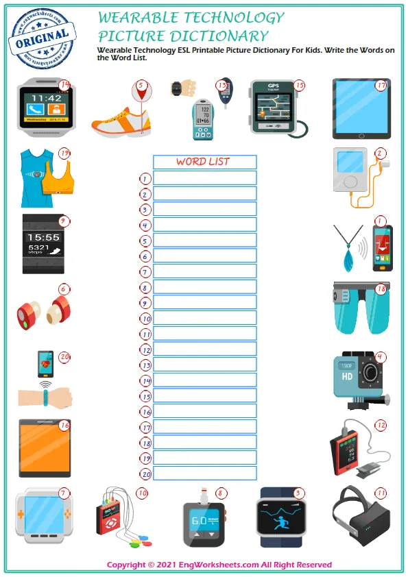 Wearable Technology ESL Printable Picture Dictionary For Kids. Write the Words on the Word List. Worksheet Preview