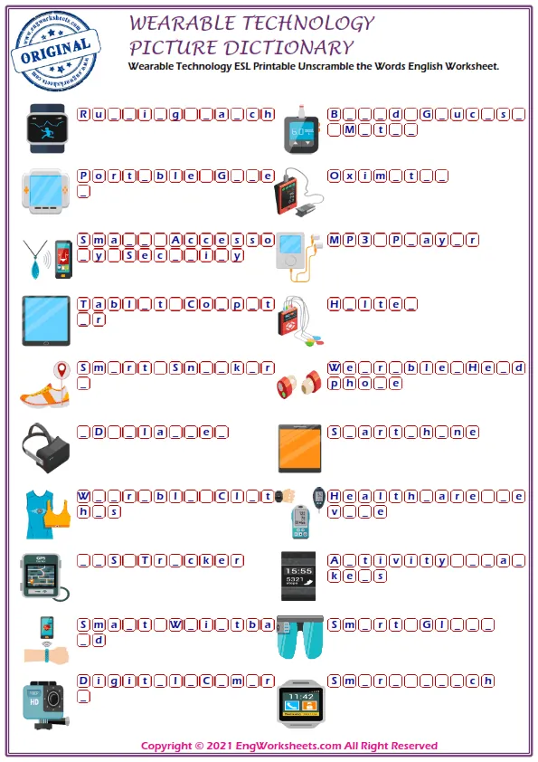 Wearable Technology ESL Printable Unscramble the Words English Worksheet. Worksheet Preview