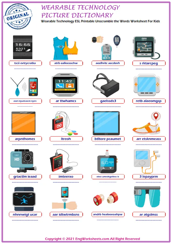 Wearable Technology ESL Printable Unscramble the Words Worksheet For Kids Worksheet Preview