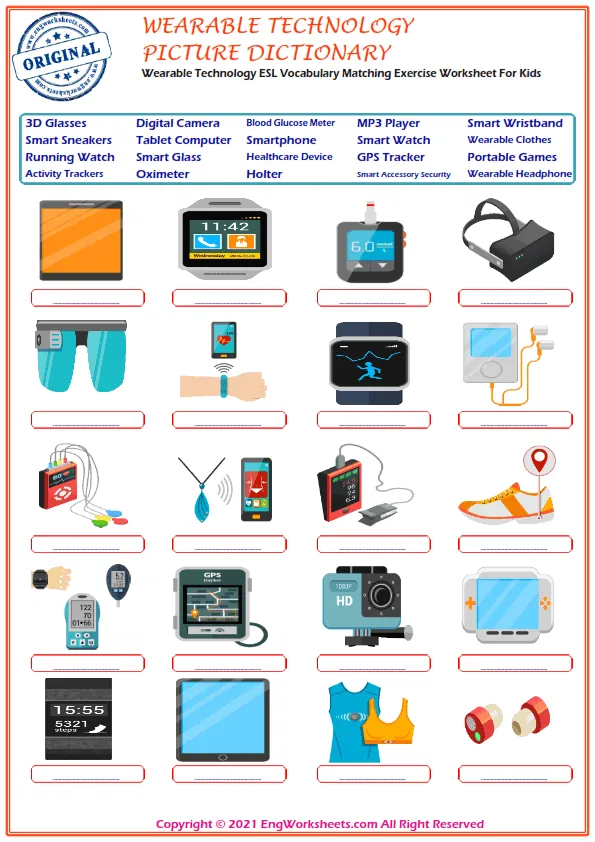 Wearable Technology ESL Vocabulary Matching Exercise Worksheet For Kids Worksheet Preview