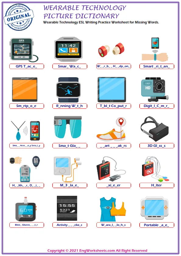 Wearable Technology ESL Writing Practice Worksheet for Missing Words. Worksheet Preview