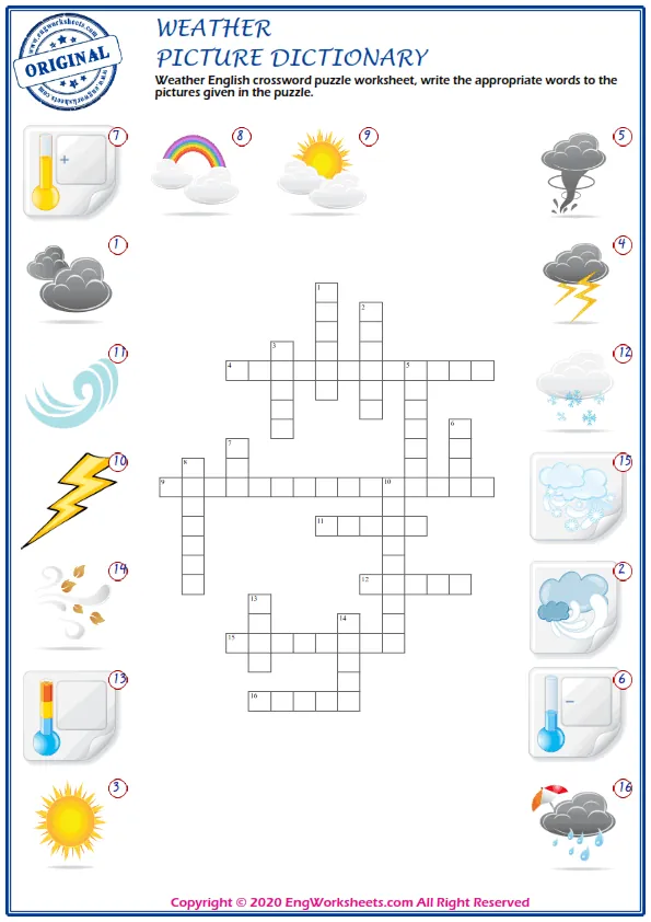 Weather English crossword puzzle worksheet, write the appropriate words to the pictures given in the puzzle. Worksheet Preview