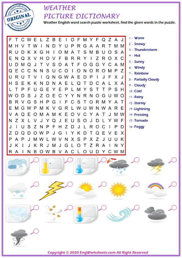 Weather English word search puzzle worksheet, find the given words in the puzzle. Worksheet Preview