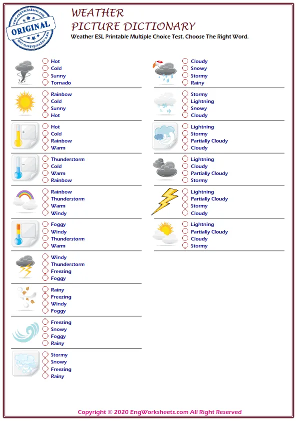 Weather ESL Printable Multiple Choice Test. Choose The Right Word. Worksheet Preview