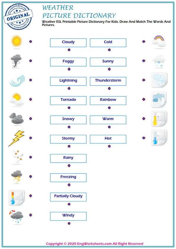 Weather ESL Printable Picture Dictionary For Kids. Draw And Match The Words And Pictures. Worksheet Preview