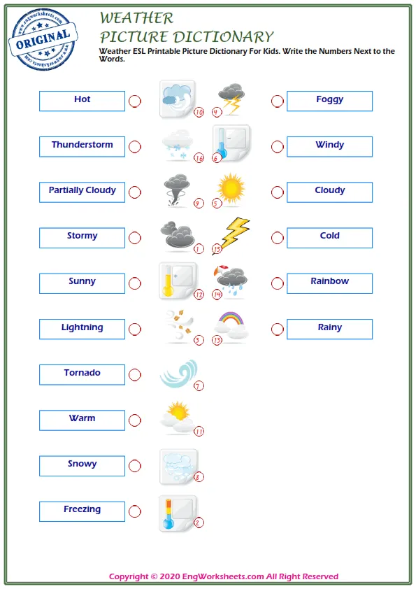 Weather ESL Printable Picture Dictionary For Kids. Write the Numbers Next to the Words. Worksheet Preview