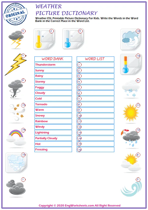 Weather ESL Printable Picture Dictionary For Kids. Write the Words in the Word Bank in the Correct Place in the Word List. Worksheet Preview