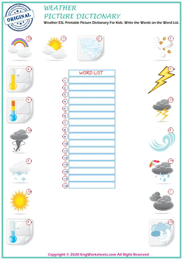 Weather ESL Printable Picture Dictionary For Kids. Write the Words on the Word List. Worksheet Preview