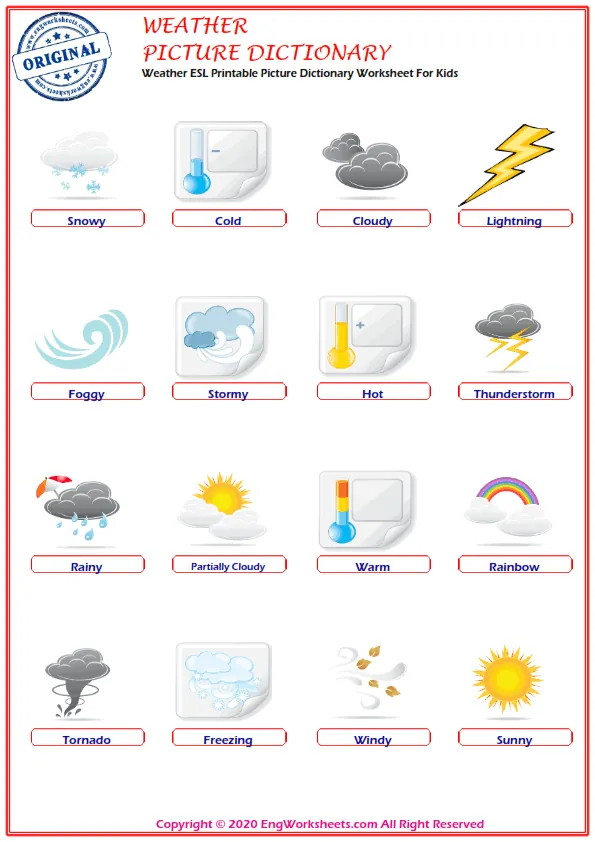 Weather ESL Printable Picture Dictionary Worksheet For Kids Worksheet Preview