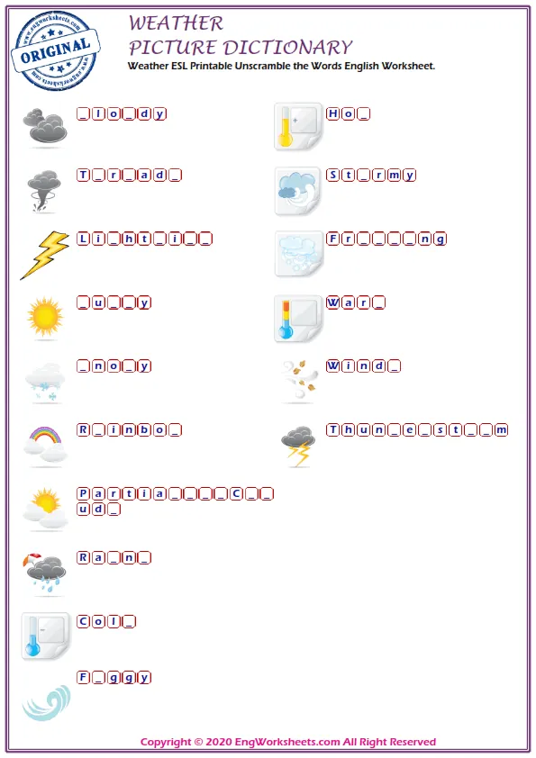 Weather ESL Printable Unscramble the Words English Worksheet. Worksheet Preview