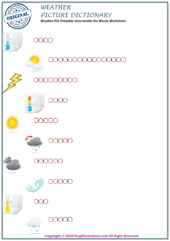 Weather ESL Printable Unscramble the Words Worksheet. Worksheet Preview