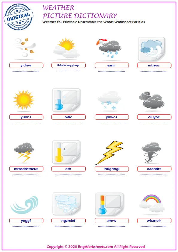 Weather ESL Printable Unscramble the Words Worksheet For Kids Worksheet Preview