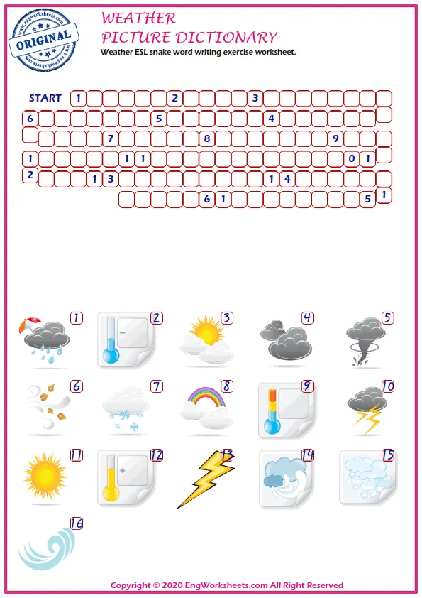 Weather ESL snake word writing exercise worksheet. Worksheet Preview