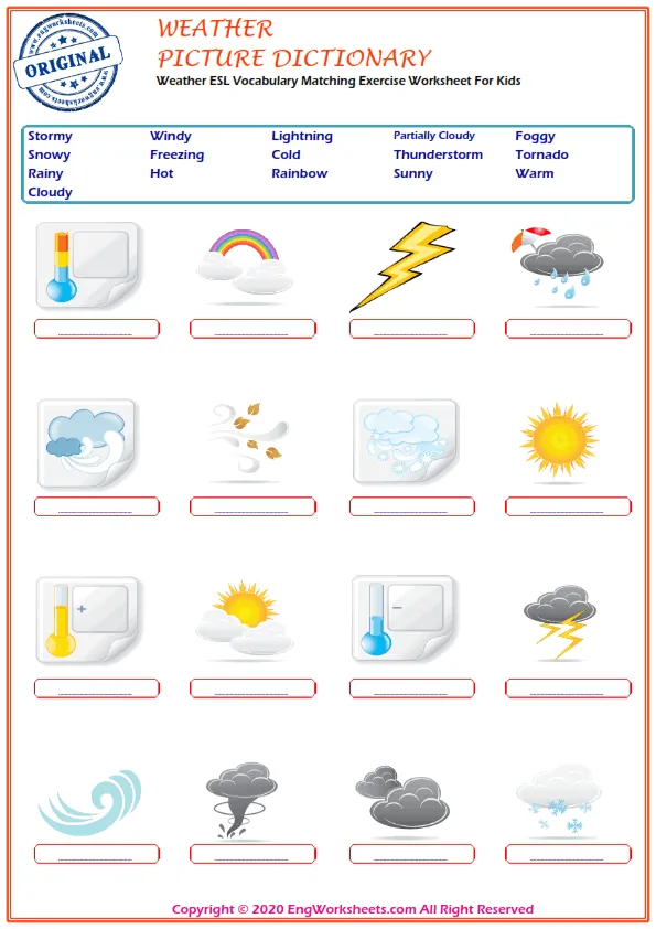 Weather ESL Vocabulary Matching Exercise Worksheet For Kids Worksheet Preview