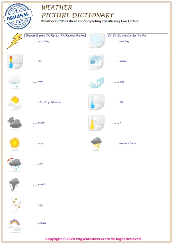 Weather Esl Worksheet For Completing The Missing Two Letters. Worksheet Preview