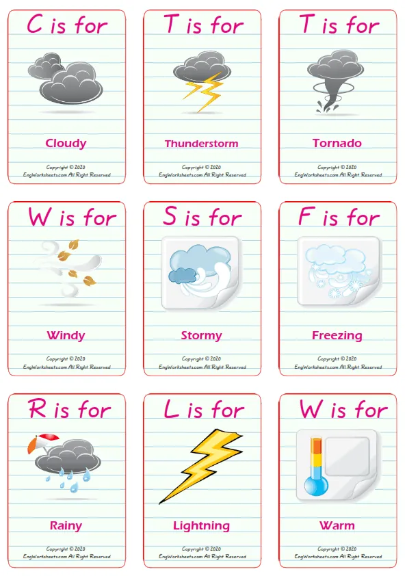 Weather vocabulary worksheet with words, nine images per page Worksheet Preview
