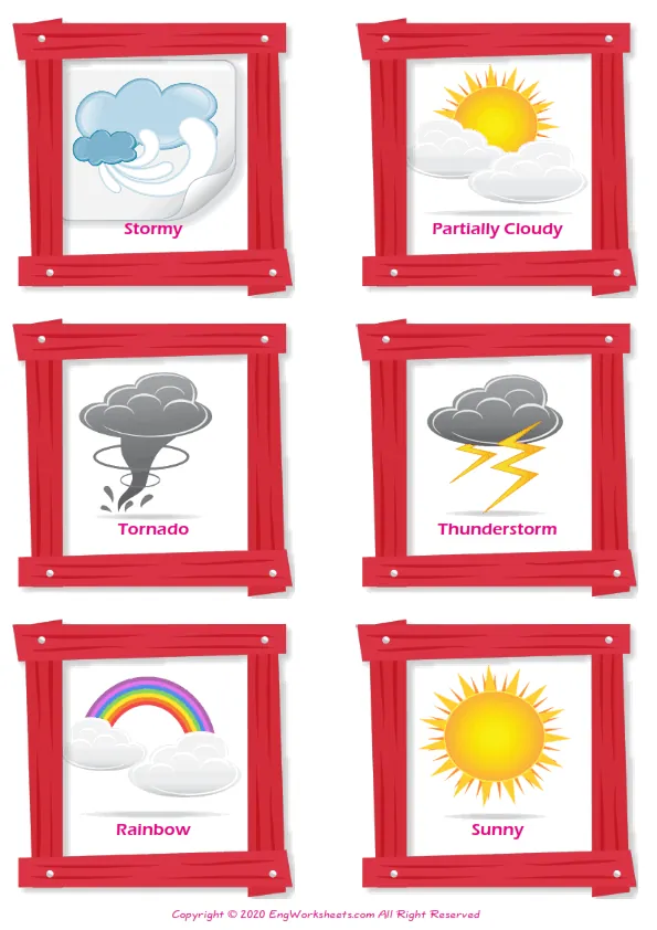 Weather vocabulary worksheet with words, six images per page