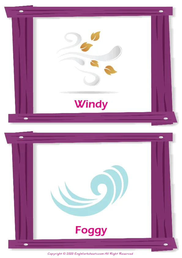 Weather vocabulary worksheet with words, two images per page Worksheet Preview