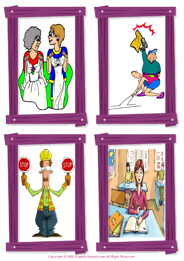 Wordless Action Verbs vocabulary worksheet with four images per page