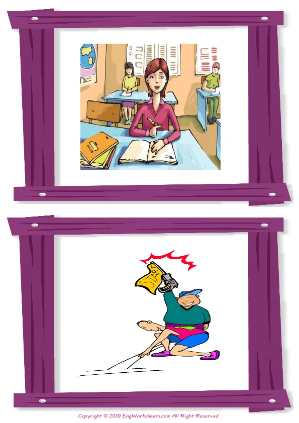 Wordless Action Verbs vocabulary worksheet with two images per page