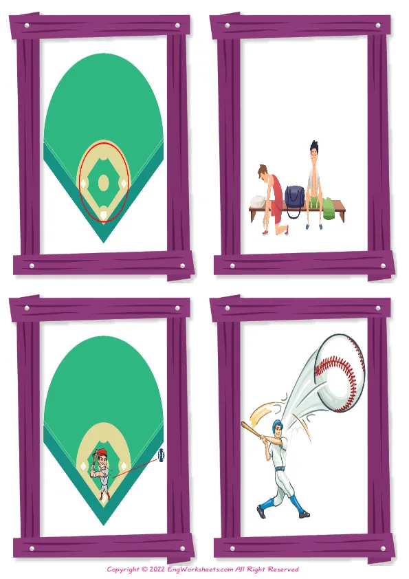 Wordless Baseball vocabulary worksheet with four images per page Worksheet Preview