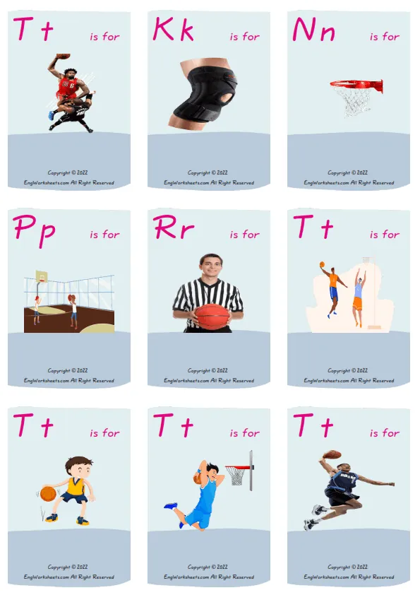 Wordless Basketball vocabulary worksheet with nine images per page