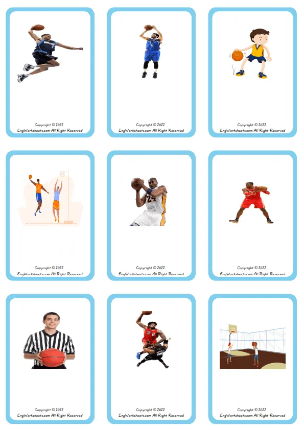 Wordless Basketball vocabulary worksheet with nine images per page