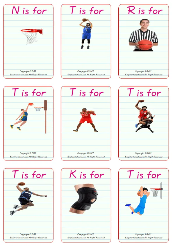 Wordless Basketball vocabulary worksheet with nine images per page