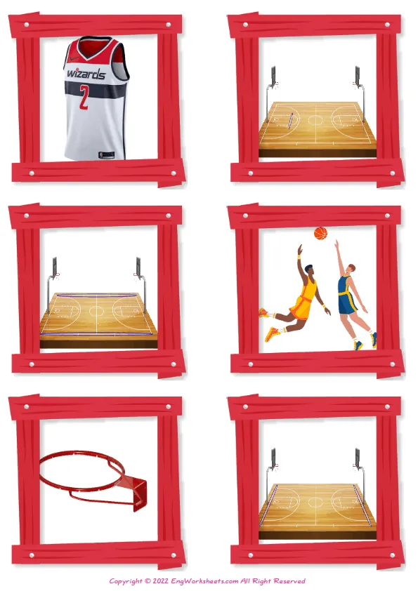 Wordless Basketball vocabulary worksheet with six images per page Worksheet Preview