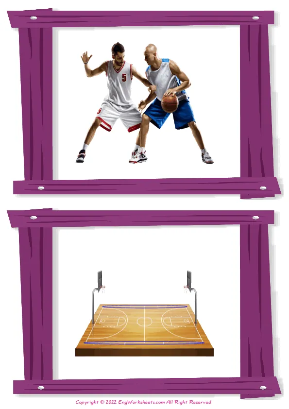 Wordless Basketball vocabulary worksheet with two images per page