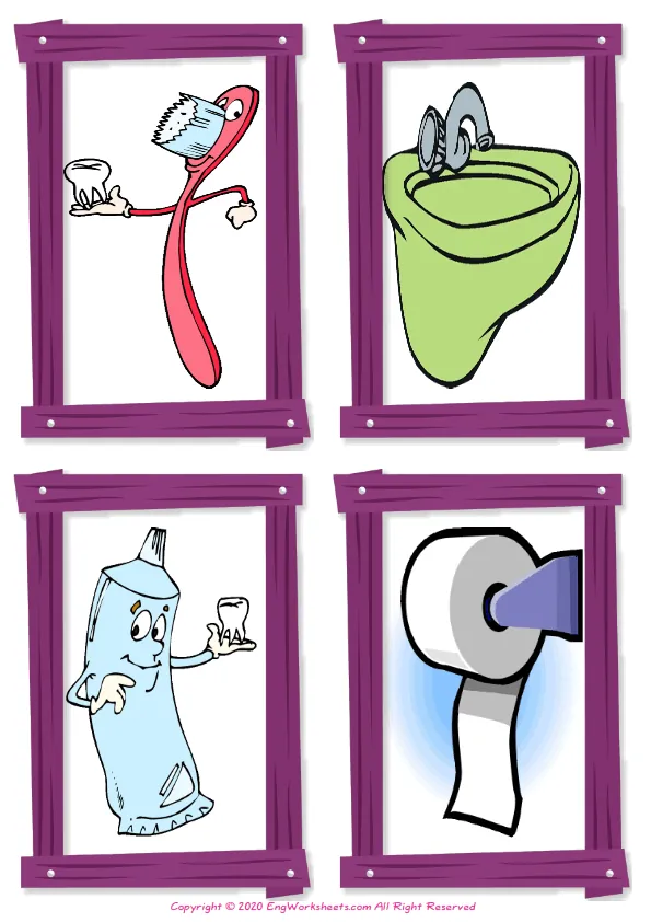 Wordless Bathroom vocabulary worksheet with four images per page Worksheet Preview