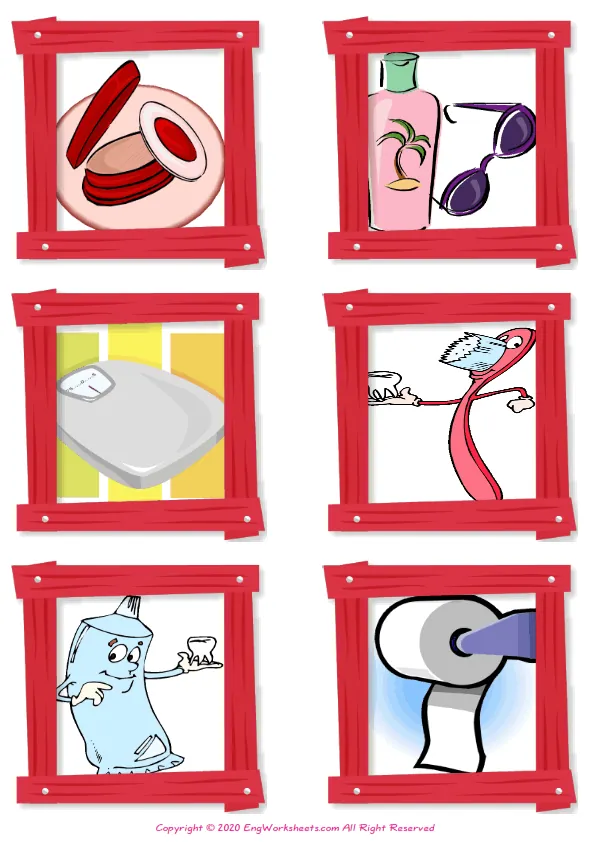 Wordless Bathroom vocabulary worksheet with six images per page Worksheet Preview