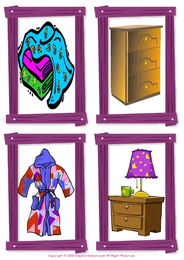 Wordless Bedroom vocabulary worksheet with four images per page Worksheet Preview