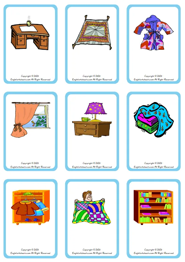 Wordless Bedroom vocabulary worksheet with nine images per page Worksheet Preview