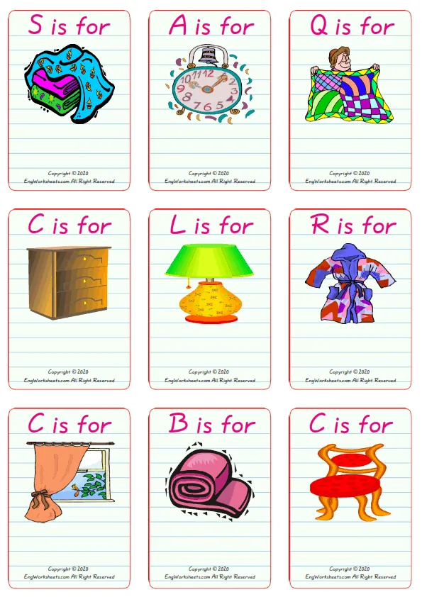 Wordless Bedroom vocabulary worksheet with nine images per page Worksheet Preview
