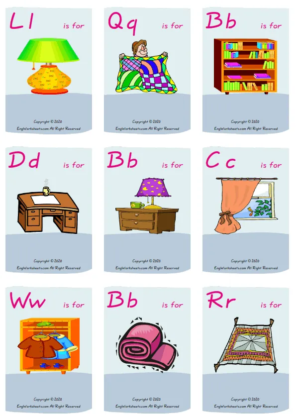Wordless Bedroom vocabulary worksheet with nine images per page Worksheet Preview