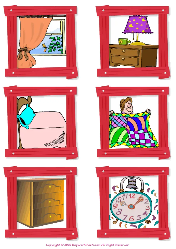 Wordless Bedroom vocabulary worksheet with six images per page Worksheet Preview
