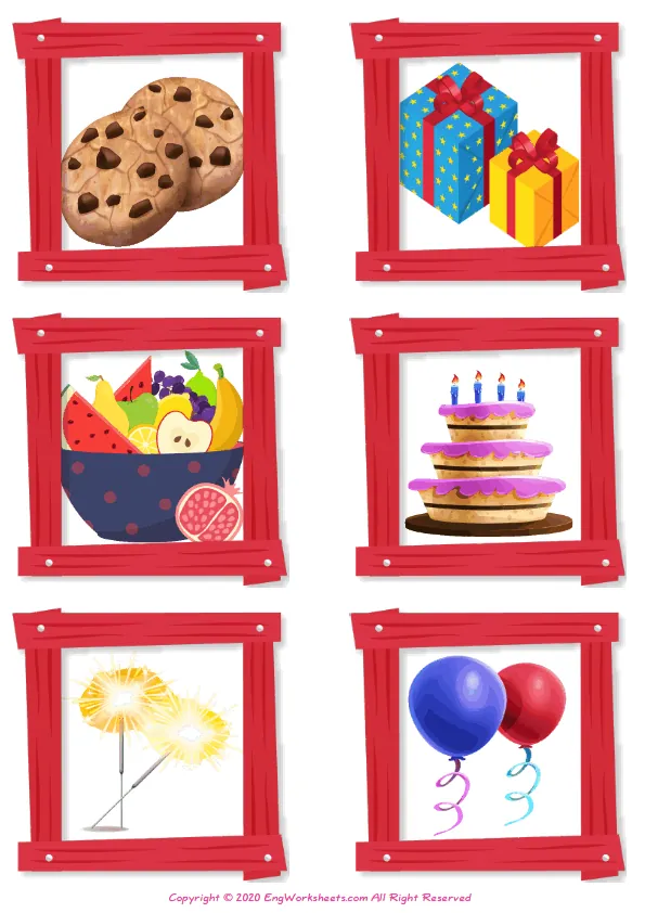 Wordless Birthdays vocabulary worksheet with six images per page Worksheet Preview