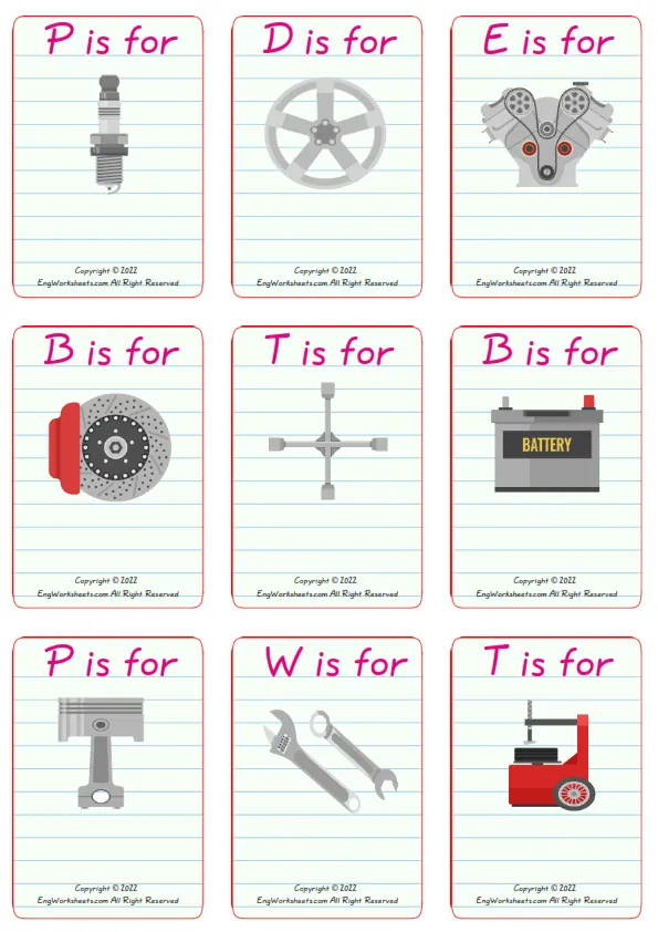 Car Service vocabulary worksheet with words, nine images per page
