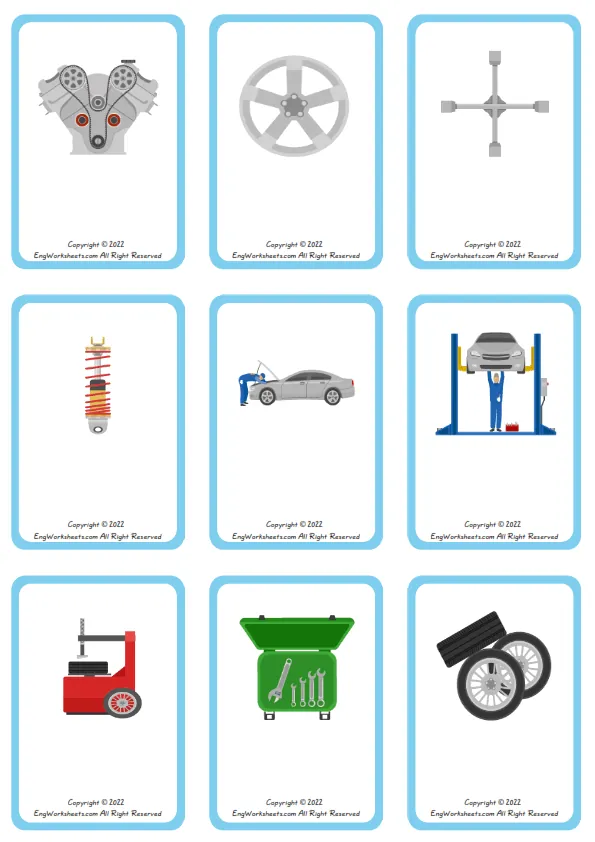 Car Service vocabulary worksheet with words, nine images per page