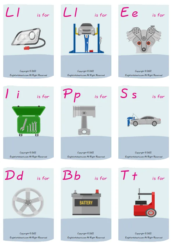 Car Service vocabulary worksheet with words, nine images per page