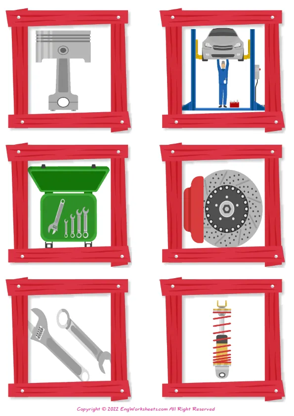 Car Service vocabulary worksheet with words, two images per page Worksheet Preview