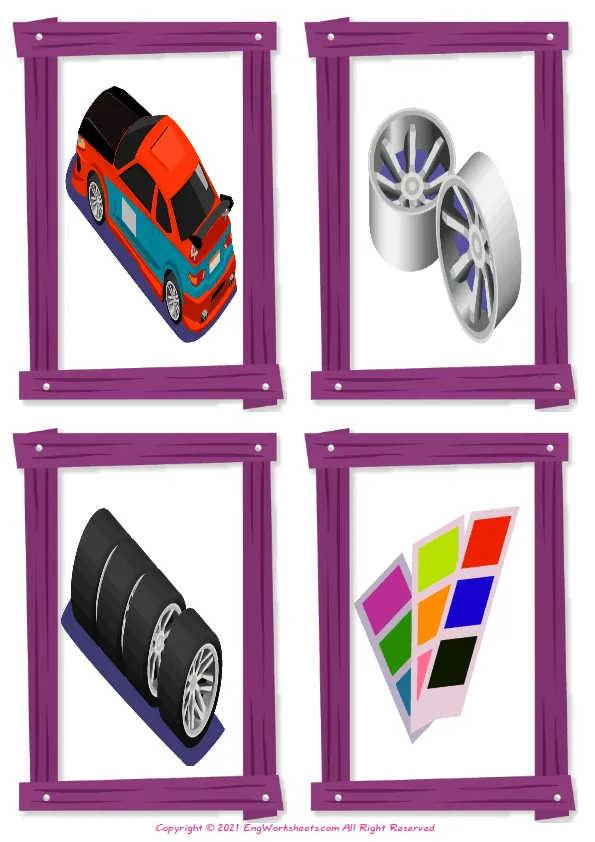 Wordless Car Tuning vocabulary worksheet with four images per page