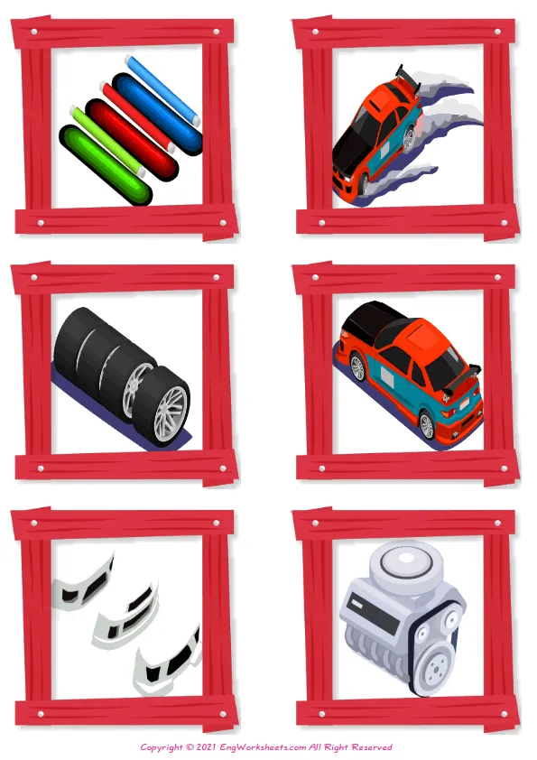 Wordless Car Tuning vocabulary worksheet with six images per page